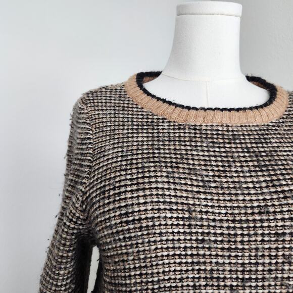 Vintage 90s Y2K Tan Black Knit Crew Neck Sweater Minimalist Fall Pullover L - Picture 2 of 10